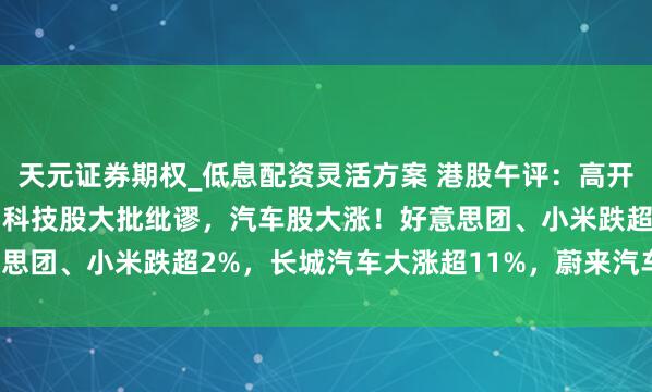 天元证券期权_低息配资灵活方案 港股午评：高开低走！恒指跌0.67%，科技股大批纰谬，汽车股大涨！好意思团、小米跌超2%，长城汽车大涨超11%，蔚来汽车大涨近8%